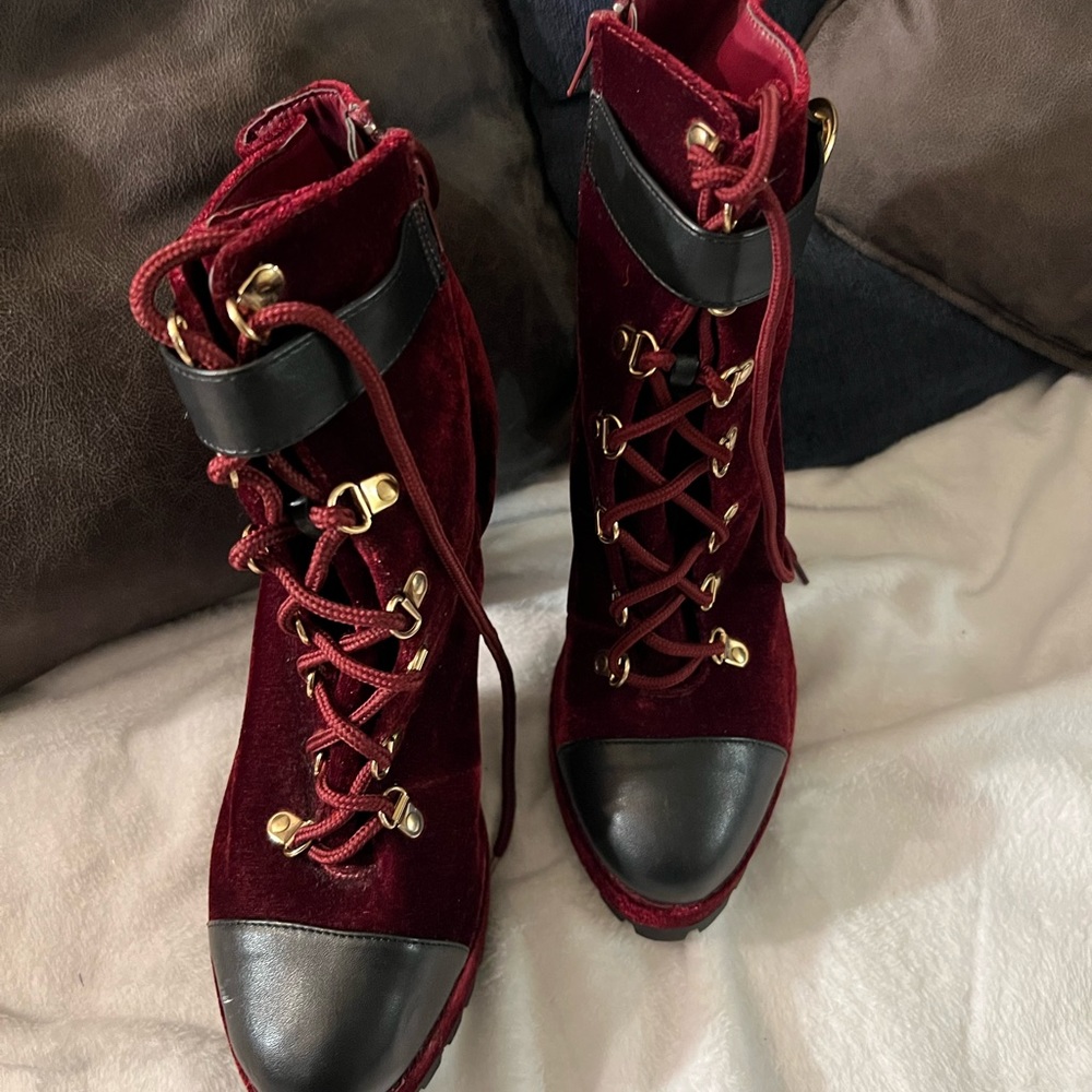 Ashley Stewart Burgundy Velvet Lace-Up Ankle Boots with Black Cap Toe